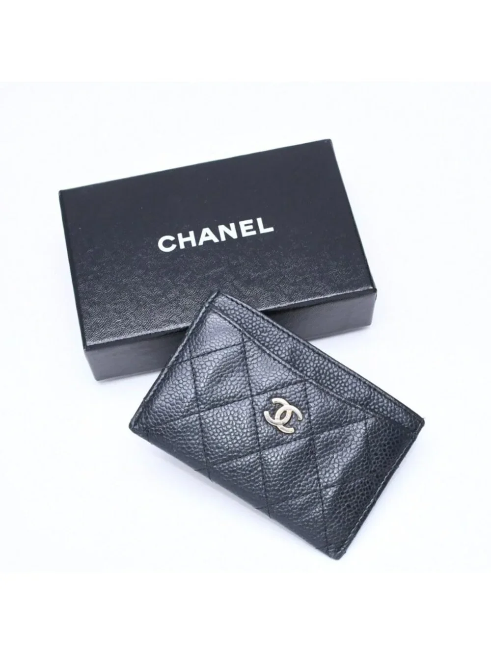 Chanel Classic Card Case CC Logo Caviar Leather Black Gold